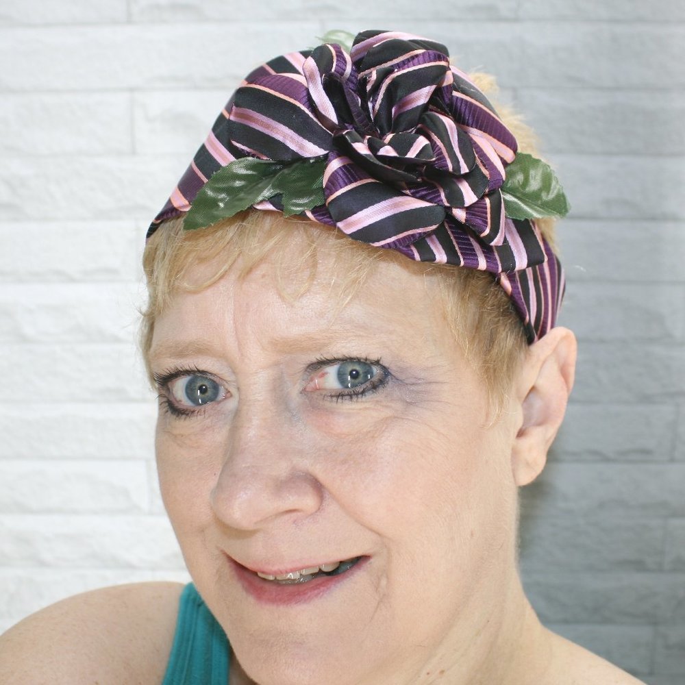 HAND CRAFTED Wrap Headband Silk Stripes Wide Upcycled Necktie Retro Plum Purple